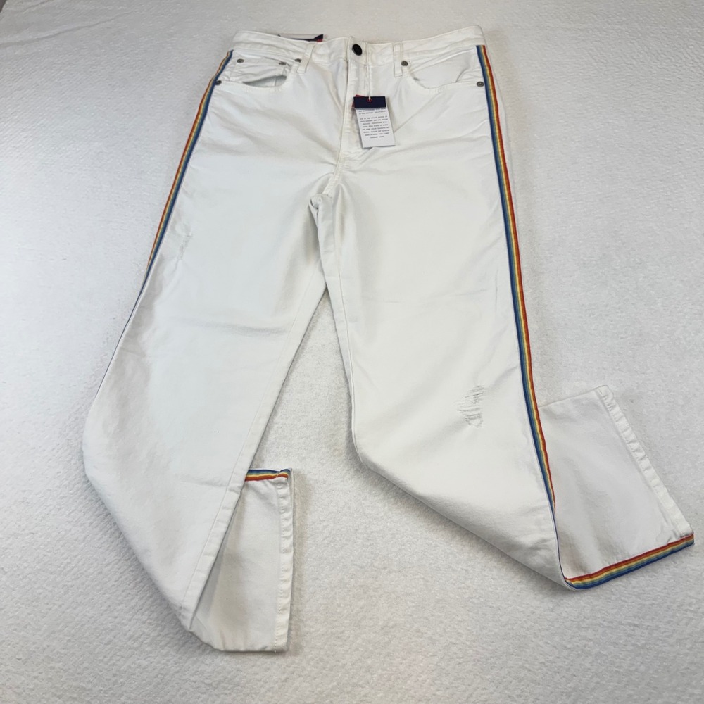 Anthropology  Rainbow Stripe Jeans Womens 31 White Distressed High Rise Straight